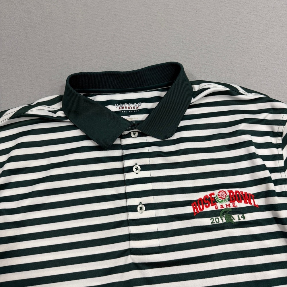 Oxford America Polo Shirt Men Large Green Striped Rose Bowl 2014 Golf Very Cool